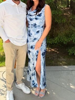 Abercrombie & Fitch Light Blue Floral Ruched Midi Dress with Side Slit